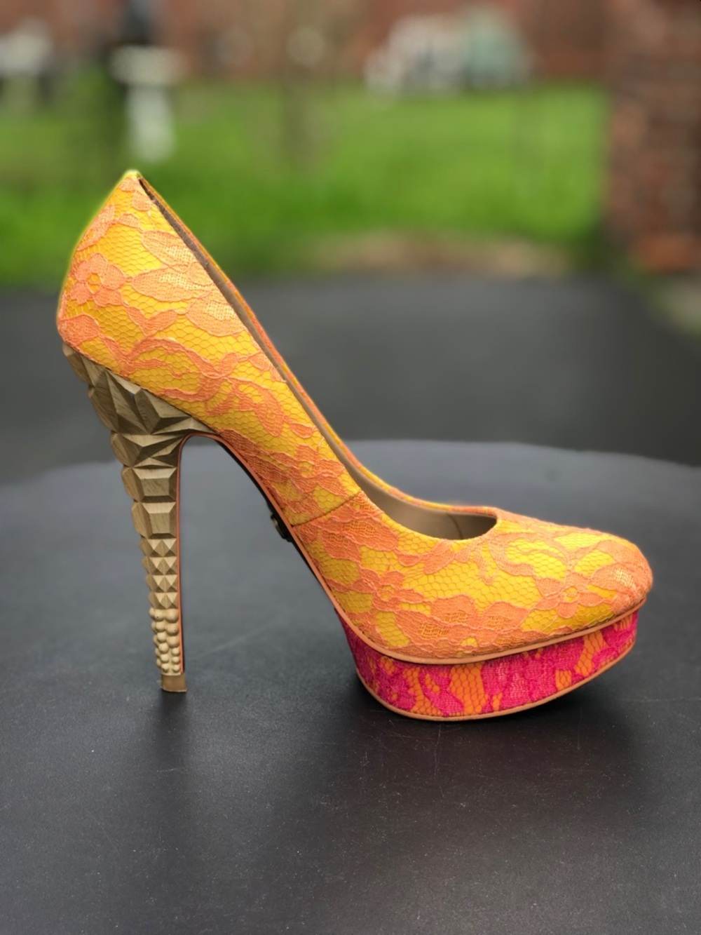 RACHEL ROY KEEDAN Orange Yellow Pink Lace Platform Pump Stilettos Heels Size 6